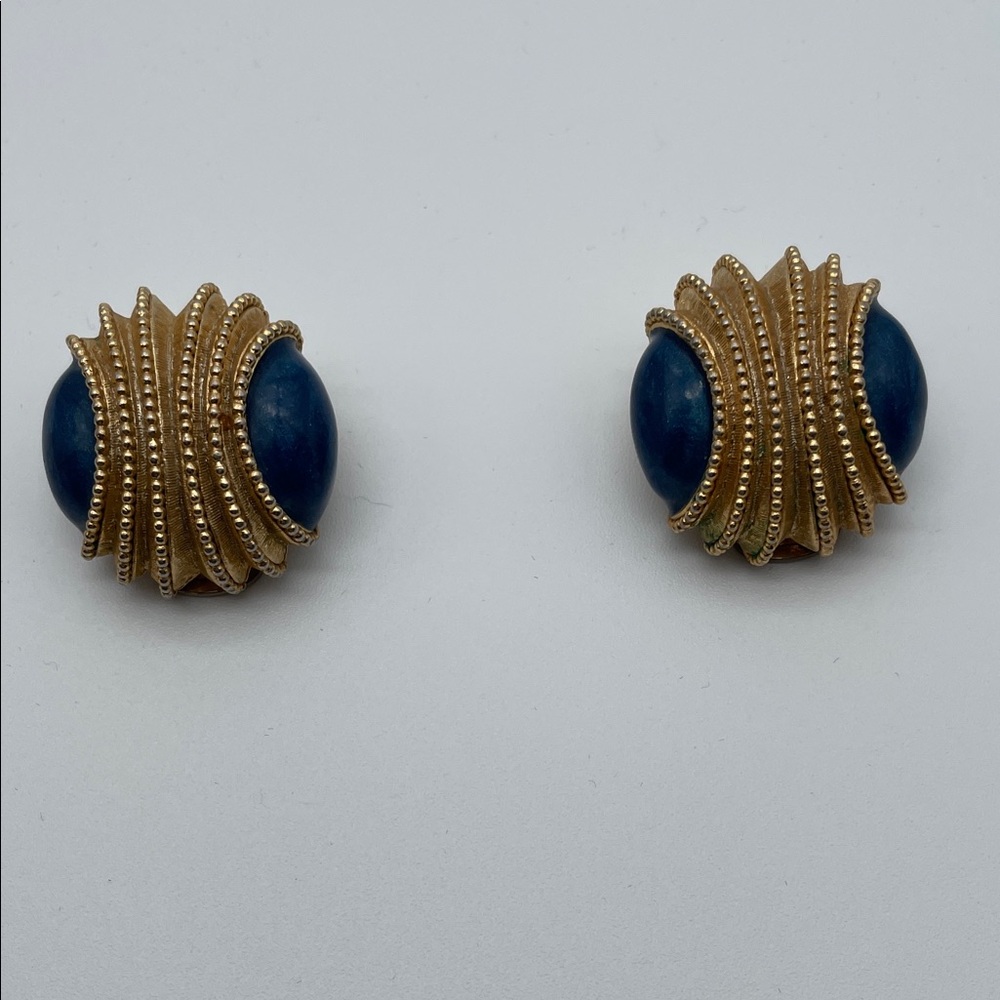Orena Paris Elegant Gold with Blue Enamel Clip On Earrings